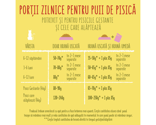 Tabel cu porțiile zilnice recomandate de hrană pentru pisici în funcție de vârstă și stadiu fiziologic
