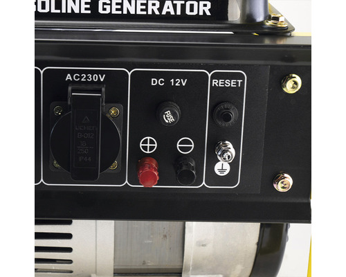 Imagine detaliată a elementelor de control ale unui generator de curent cu conexiuni AC 230V, DC 12V și Reset.