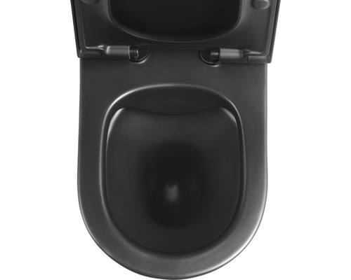 Toaletă neagră cu capac deschis.