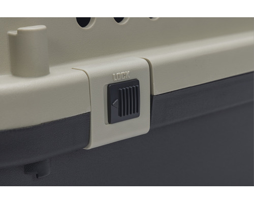 Vizualizare detaliată a încuietorii unei cuști de transport pentru animale de companie cu inscripția ''Lock''.