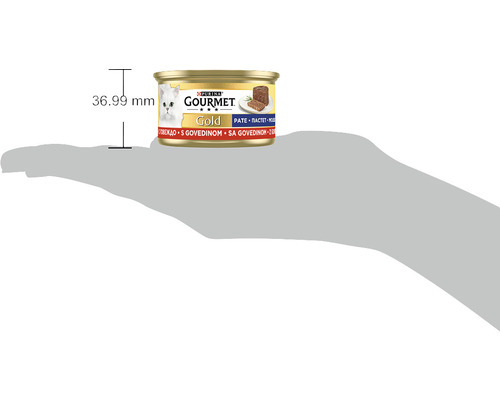 Conservă hrană pentru pisici Purina Gourmet Gold cu indicarea dimensiunilor