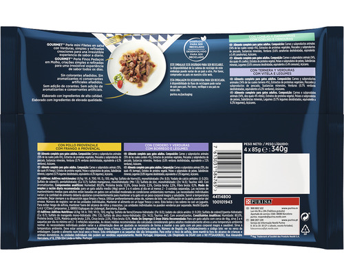 Spatele ambalajului Gourmet Perle Mini Filets în sos cu legume pentru pisici