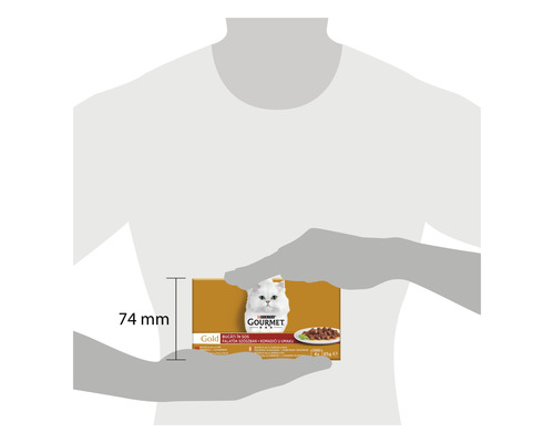 Pachet hrană pentru pisici Gourmet Gold cu indicarea dimensiunii pachetului