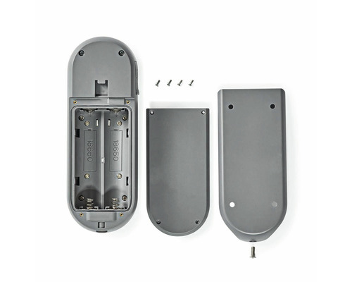 Telecomandă deschisă cu compartiment pentru baterii, şuruburi şi capac.