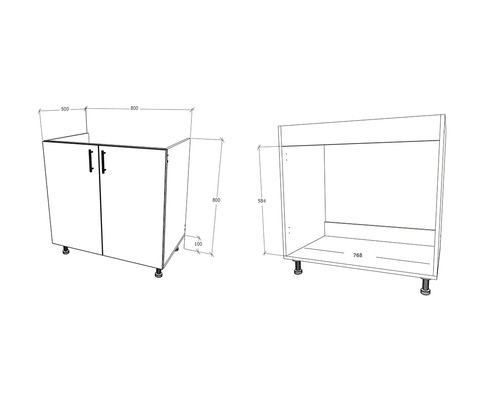 Schiță a unui dulap de bază pentru lavoar cu indicații de dimensiuni