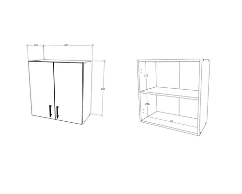 Desen tehnic al unui dulap de perete cu dimensiunile 600 x 600 x 300 mm și al unui raft deschis cu două compartimente cu dimensiunile 568 x 600 x 276 mm