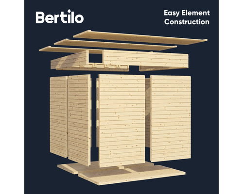 Logo Bertilo. Vedere explodată a unui foișor de grădină cu construcție simplă de elemente.