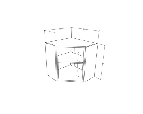 Desen tehnic al unui raft de colț cu dimensiuni.