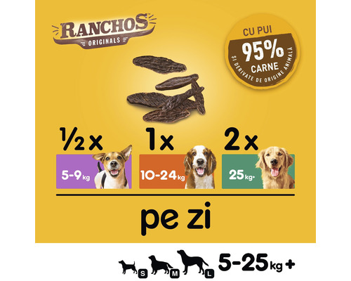Ranchos Originals gustare pentru câini cu recomandare de dozare în funcție de greutatea câinelui