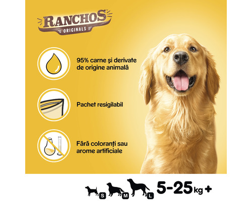 Ranchos Originals hrană pentru câini cu 95% carne și derivate de origine animală, pachet resigilabil, fără coloranți sau arome artificiale, potrivită pentru câini cu greutatea între 5 și 25 de kilograme și mai mult