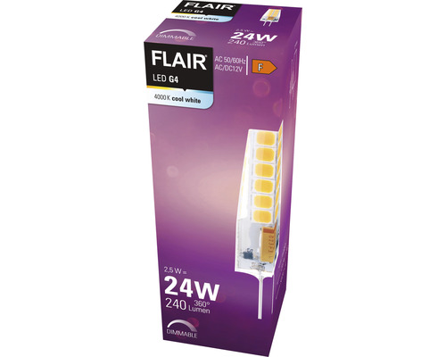 Ambalaj pentru un bec LED Flair G4 dimabil de 2,5 wați, echivalent cu 24 wați și 240 lumeni