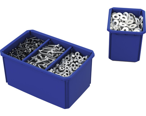 Cutie albastră de sortare cu cuie, șuruburi, piulițe și șaibe