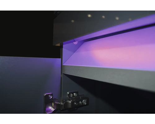 Imagine detaliată a unui dulap de baie cu iluminare interioară și balama de ușă