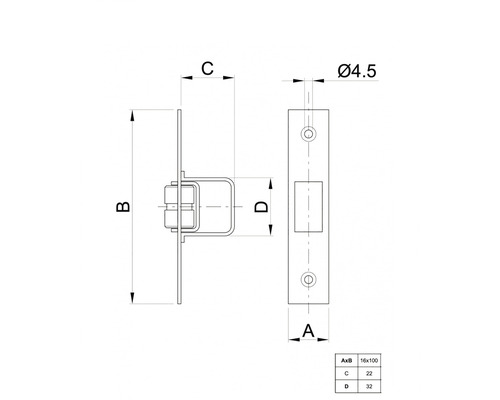 Desen tehnic al unui zăvor de ușă cu dimensiuni