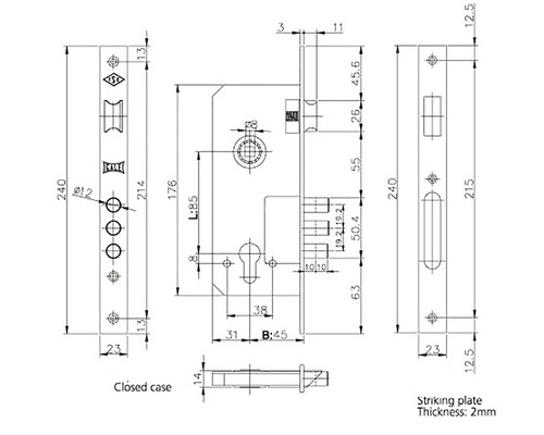 Desen tehnic al unei încuietori îngropate cu dimensiuni