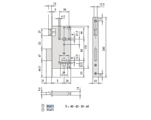 Desen tehnic al unei încuietori de ușă cu dimensiuni