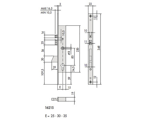 Desen tehnic al unei încuietori de ușă cu dimensiuni