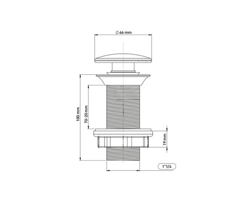 Desen tehnic al unei supape de evacuare cu dimensiunile de 66 mm diametru, 100 mm înălțime, 70 până la 20 mm lungime și dimensiunea de 1 1/4 inch