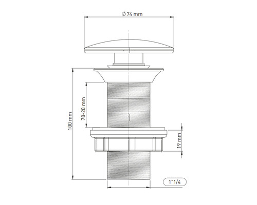 Desen tehnic al unei supape de evacuare cu dimensiunile de 74 mm diametru, 70 până la 100 mm înălțime și racord de 1 1/4 inch.