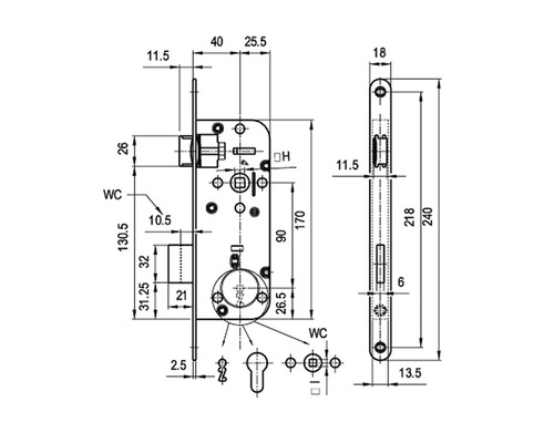 Desen tehnic al unei încuietori de ușă cu dimensiuni
