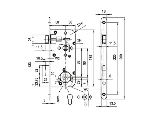 Desen tehnic al unei încuietori îngropate cu dimensiuni.