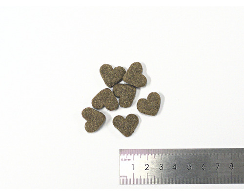 Hrană uscată pentru câini în formă de inimă lângă o riglă