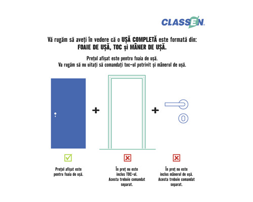 Logo Classen. Reprezentarea unei uși formată din foaie de ușă, toc și mâner de ușă. Prețul include doar foaia de ușă. Tocurile și mânerele trebuie comandate separat.