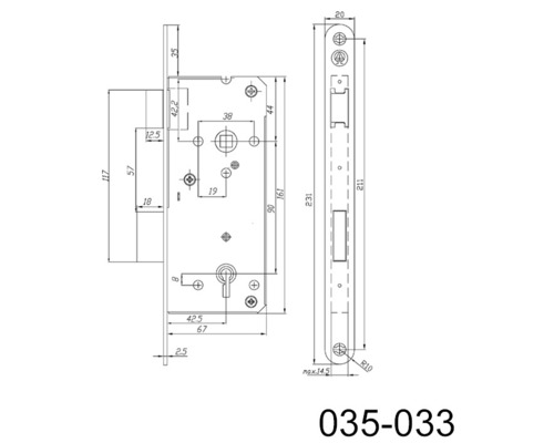 Desen tehnic al unei încuietori aplicate cu dimensiuni