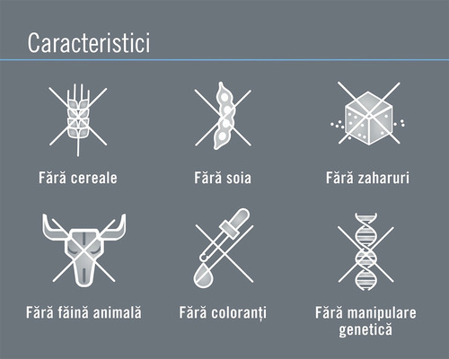 Caracteristici: Fără cereale, fără soia, fără zahăr, fără făină animală, fără coloranți, fără manipulare genetică