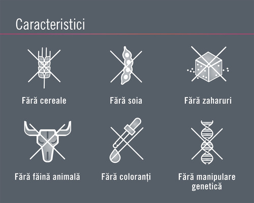 Caracteristici: Fără cereale, fără soia, fără zahăr, fără făină de origine animală, fără coloranți, fără manipulare genetică