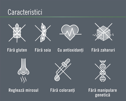 Caracteristici: Fără gluten, fără soia, cu antioxidanți, fără zaharuri, reglează mirosul, fără coloranți, fără manipulare genetică