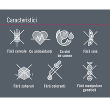Caracteristici: Fără cereale, cu antioxidanți, cu ulei de somon, fără soia, fără zaharuri, fără coloranți, fără manipulare genetică