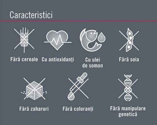 Caracteristici: Fără cereale, cu antioxidanți, cu ulei de somon, fără soia, fără zaharuri, fără coloranți, fără manipulare genetică