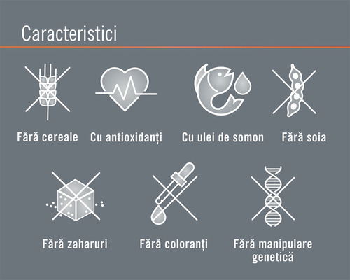 Caracteristici: fără cereale, cu antioxidanți, cu ulei de somon, fără soia, fără zahăr, fără coloranți, fără manipulare genetică