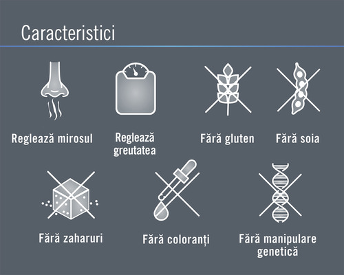 Caracteristici produs: Reglează mirosul, reglează greutatea, fără gluten, fără soia, fără zaharuri, fără coloranți, fără manipulare genetică