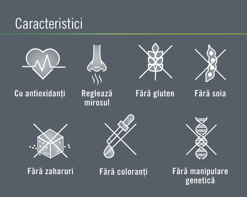 Caracteristici: cu antioxidanți, reglează mirosul, fără gluten, fără soia, fără zaharuri, fără coloranți, fără manipulare genetică