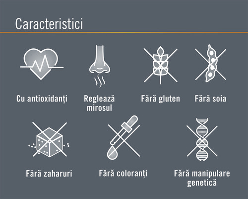 Caracteristici: Cu antioxidanți, Reglează mirosul, Fără gluten, Fără soia, Fără zaharuri, Fără coloranți, Fără manipulare genetică