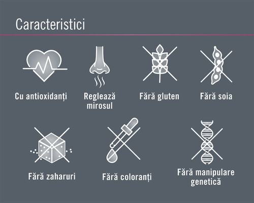 Simboluri pentru: Cu antioxidanți, Reglează mirosul, Fără gluten, Fără soia, Fără zahăr, Fără coloranți, Fără manipulare genetică