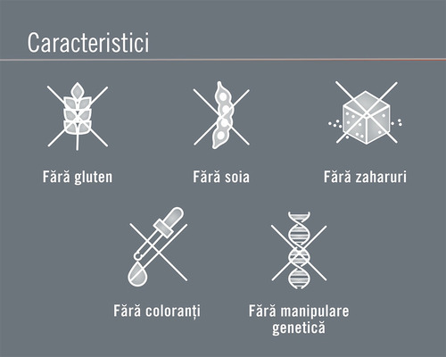 Caracteristici produs: fără gluten, fără soia, fără zahăr, fără coloranți, fără manipulare genetică