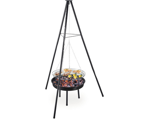 Grătar pivotant cu trepied și alimente la grătar