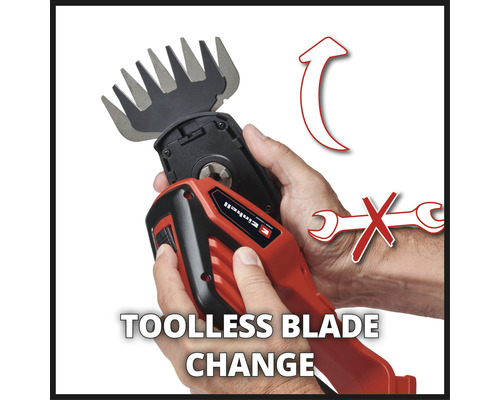 Logo Einhell. Imaginea arată schimbarea lamei la o foarfecă de iarbă fără unelte.