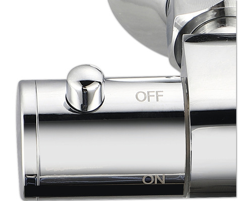 Vizualizare detaliată a unui robinet cromat cu marcajele ''ON'' și ''OFF''.