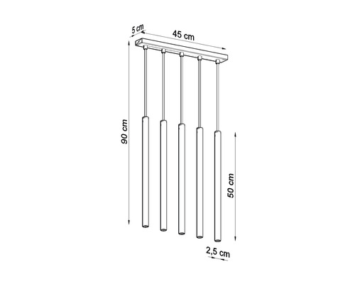 Desen tehnic al unei lămpi suspendate cu cinci lumini și dimensiuni.