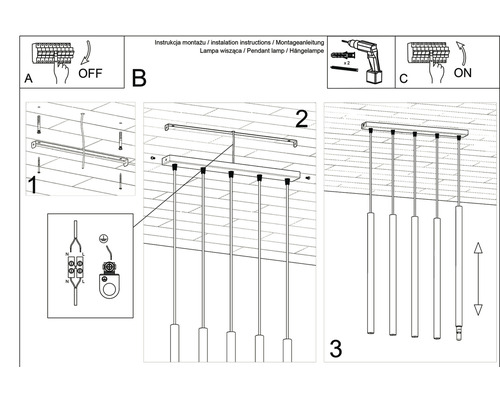 Instrucțiuni de montaj pentru o lampă suspendată în trei pași: opriți alimentarea, fixați lampa și porniți alimentarea.