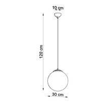 Schiță a unei lămpi suspendate cu dimensiunile de 120 cm înălțime, 30 cm diametrul abajurului și 10 cm diametrul suportului de tavan.