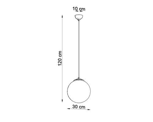 Schiță a unei lămpi suspendate cu dimensiunile de 120 cm înălțime, 30 cm diametrul abajurului și 10 cm diametrul suportului de tavan.