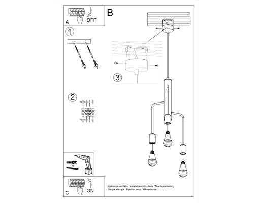 Instrucțiuni de instalare pentru o lampă suspendată cu mai multe becuri.