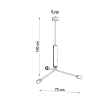 Desen tehnic al unei lămpi suspendate cu dimensiunile de 100 cm înălțime, 75 cm lățime și 8 cm diametru