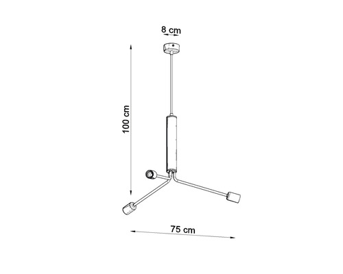 Desen tehnic al unei lămpi suspendate cu dimensiunile de 100 cm înălțime, 75 cm lățime și 8 cm diametru
