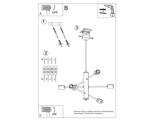 Instrucțiuni de montaj pentru o lampă suspendată cu ilustrații grafice ale pașilor individuali.